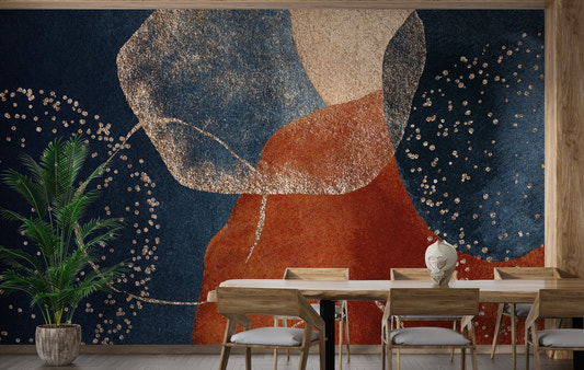 Dining room with abstract navy blue and terracotta wall mural.