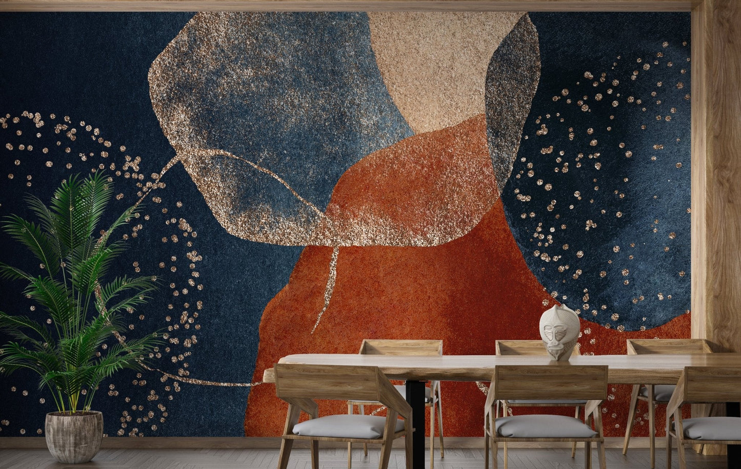 Dining room with abstract navy blue and terracotta wall mural.