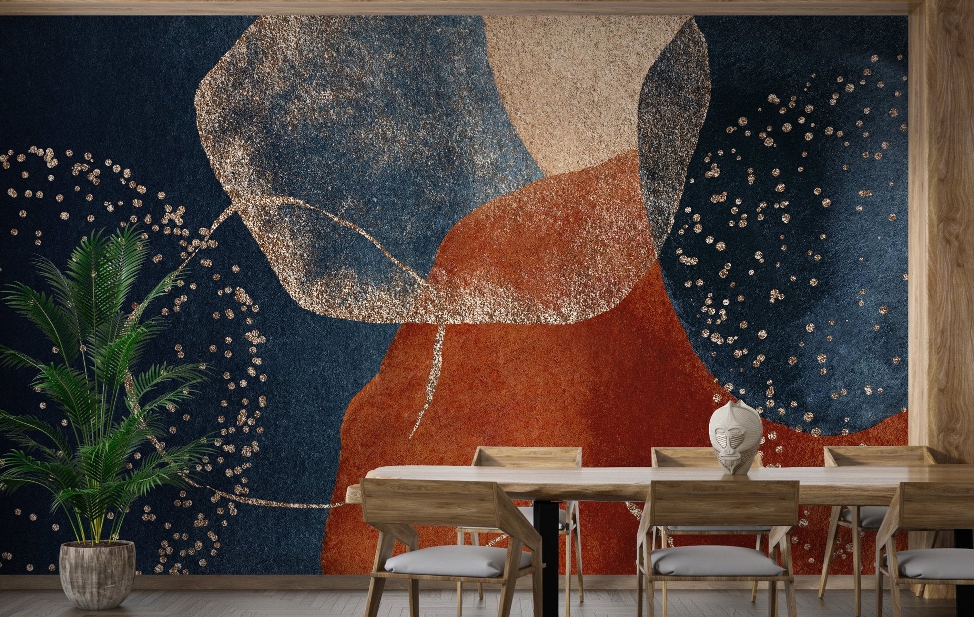 Dining room with abstract navy blue and terracotta wall mural.