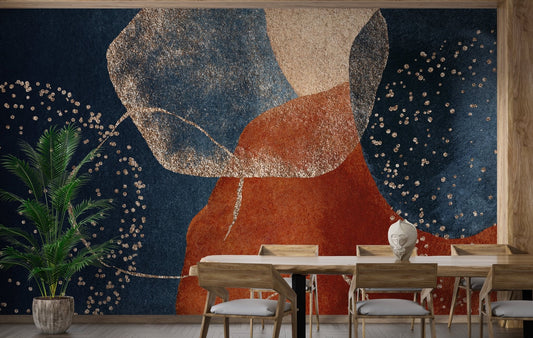 Dining room with abstract navy blue and terracotta wall mural.