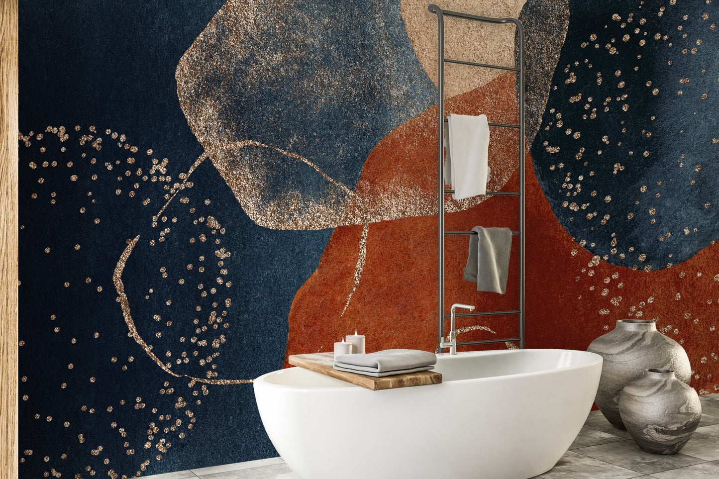 Contemporary bathroom setting with an abstract design wall mural.