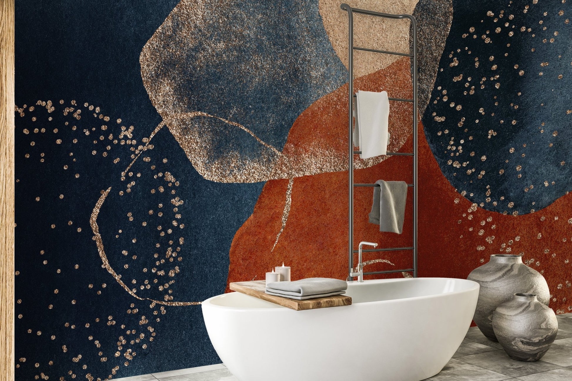 Contemporary bathroom setting with an abstract design wall mural.