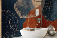 Contemporary bathroom setting with an abstract design wall mural.