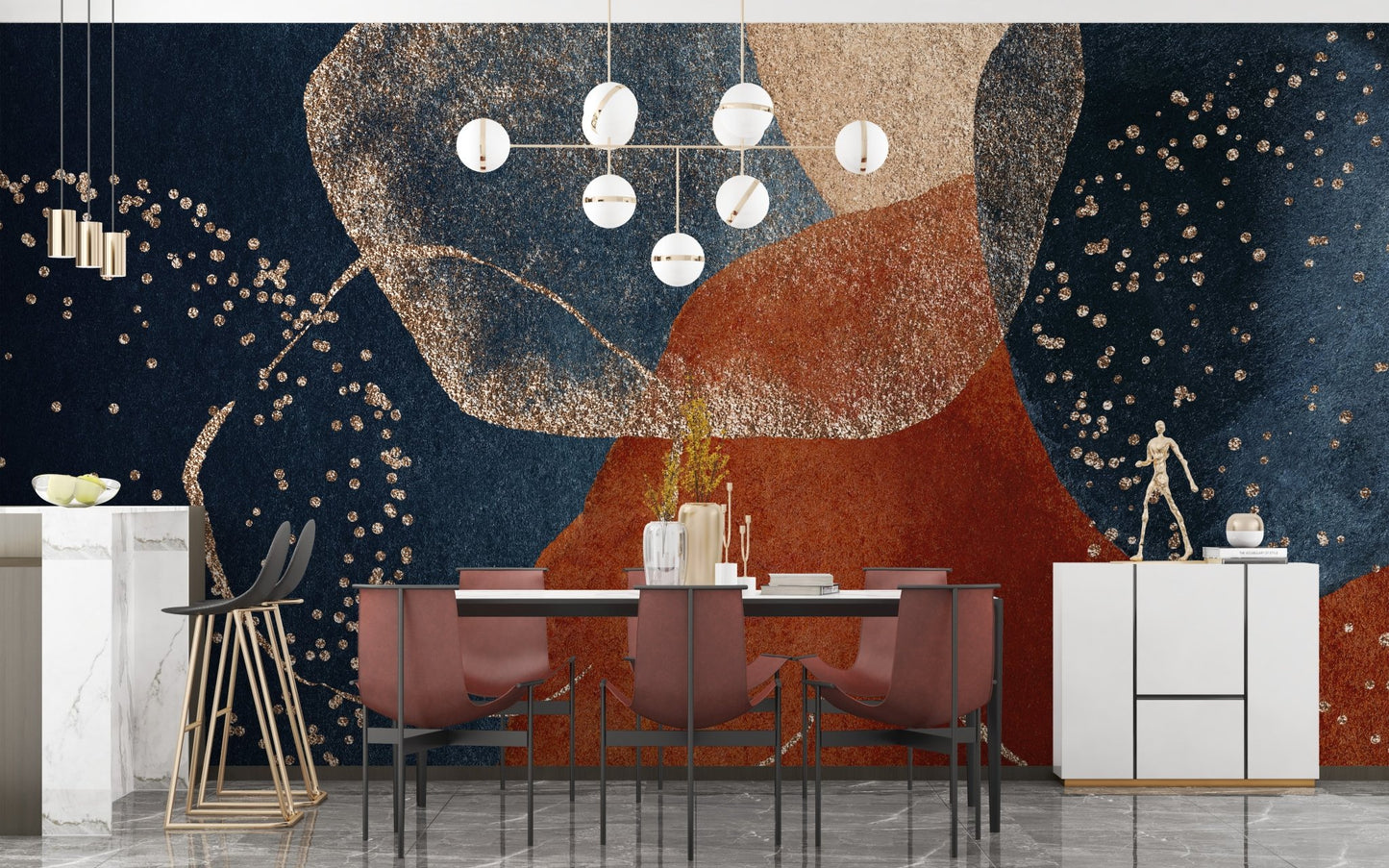 Dining area showing a gold accented terracotta and blue wall mural.