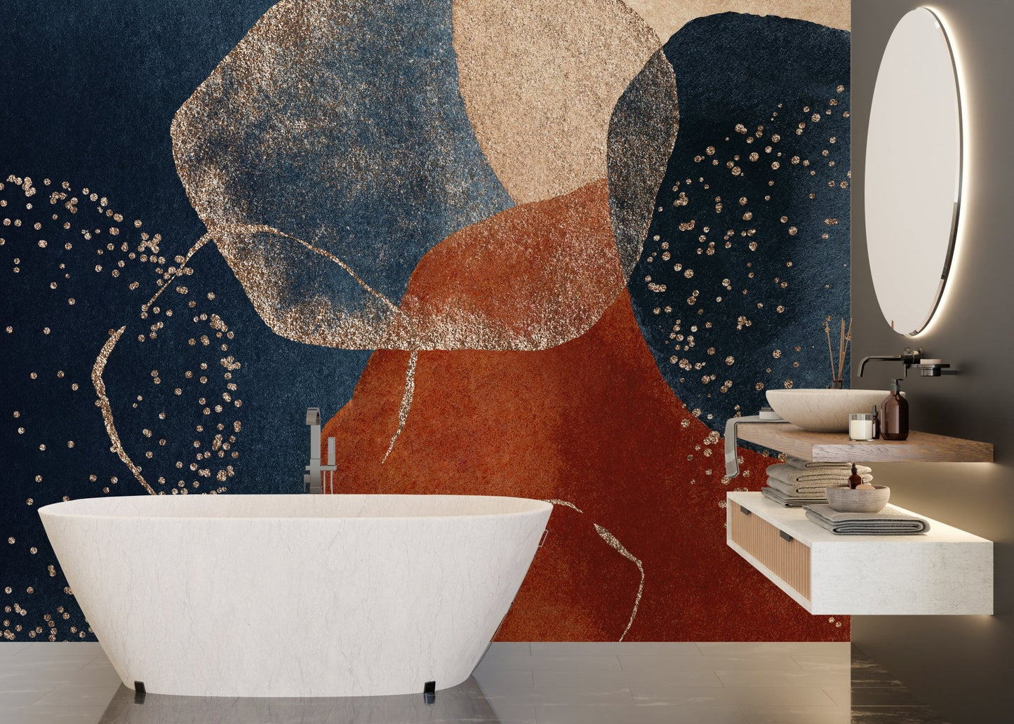 Large view of Navy Blue Terracotta Watercolor Wall Mural in a bathroom.