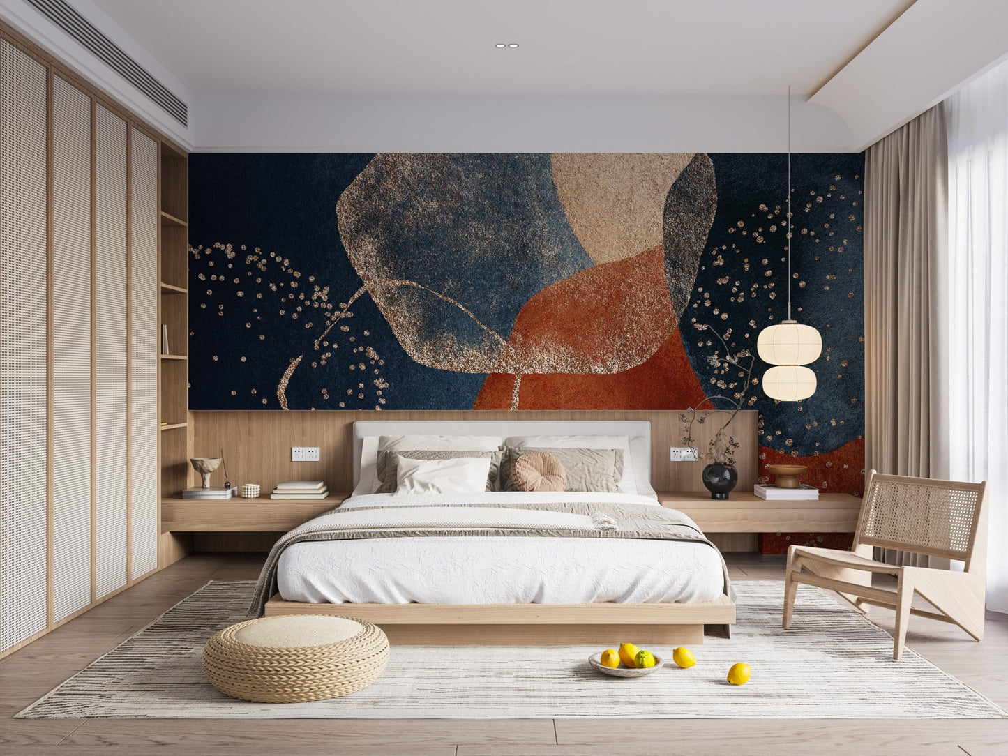 Navy Blue Terracotta Watercolor Wall Mural in large bedroom.