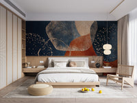 Navy Blue Terracotta Watercolor Wall Mural in large bedroom.