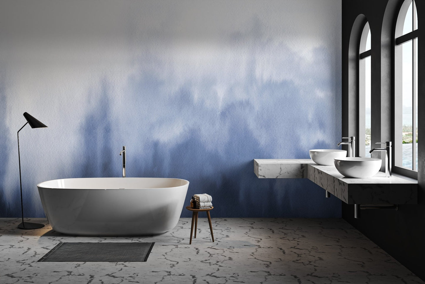 Abstract blue ink bleed pattern wall mural for modern bathrooms.
