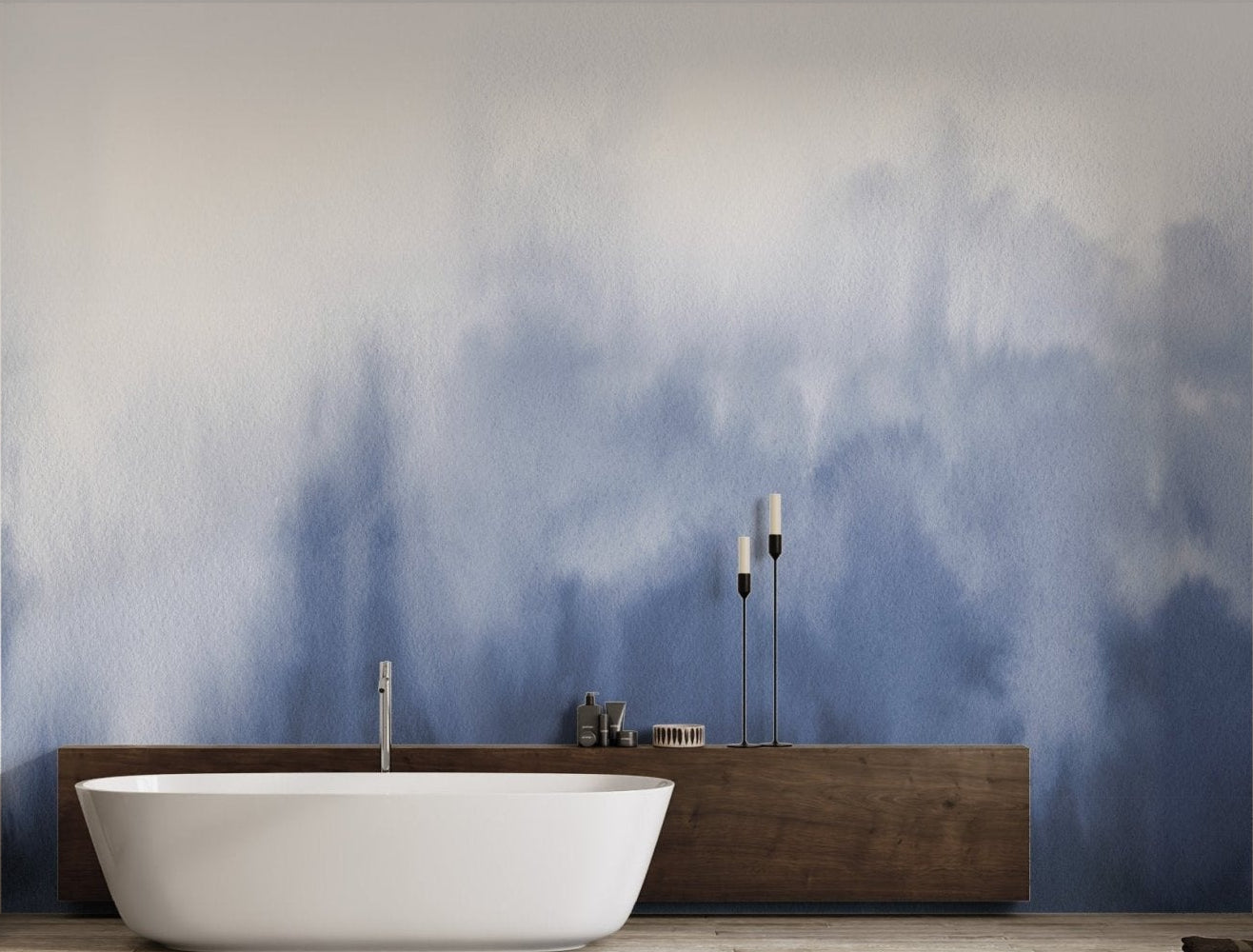 Navy Blue Watercolor Splash White Wall mural for modern bathroom.