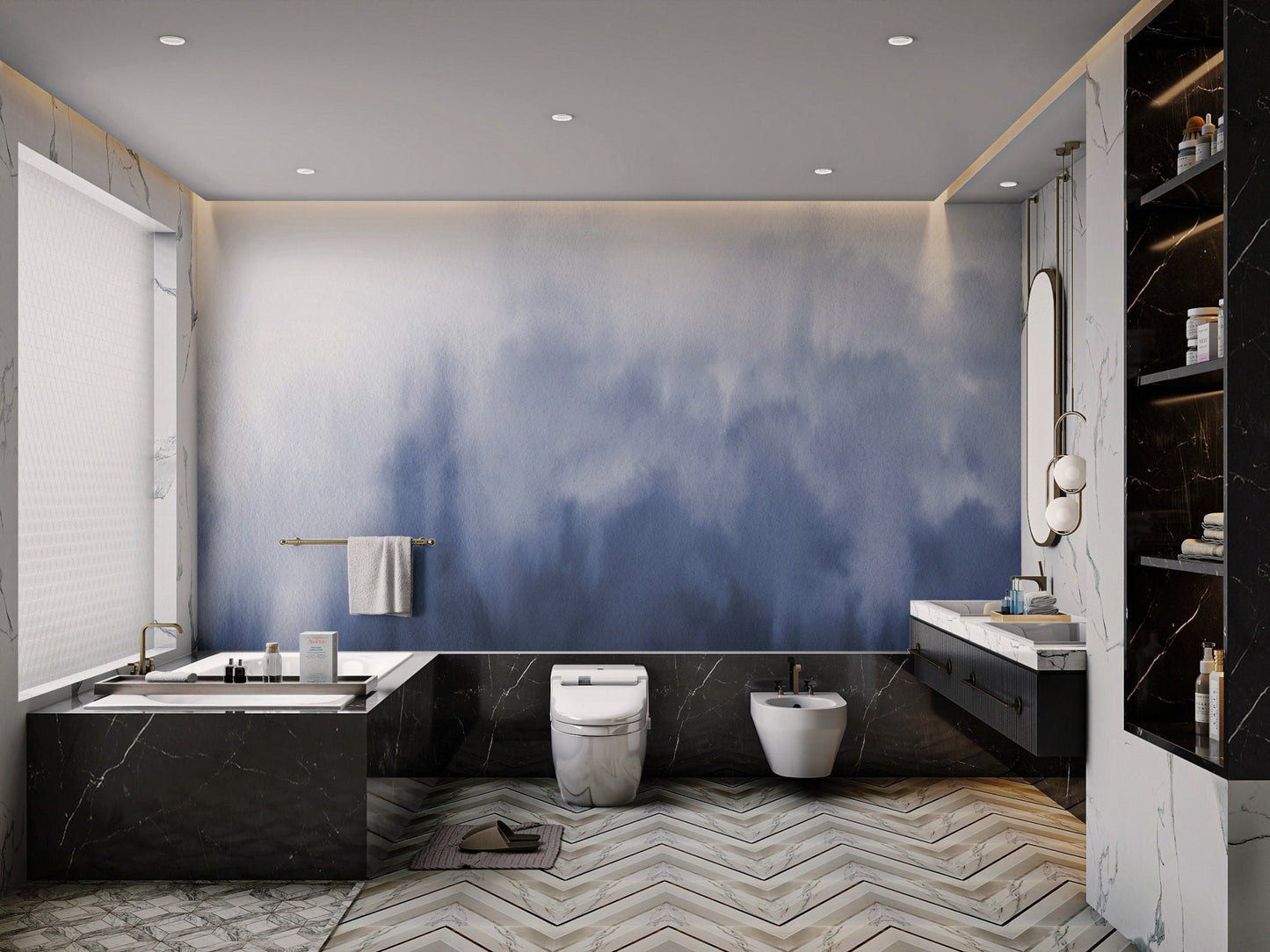 Navy blue watercolor wall mural with soft hues in bright bathroom.