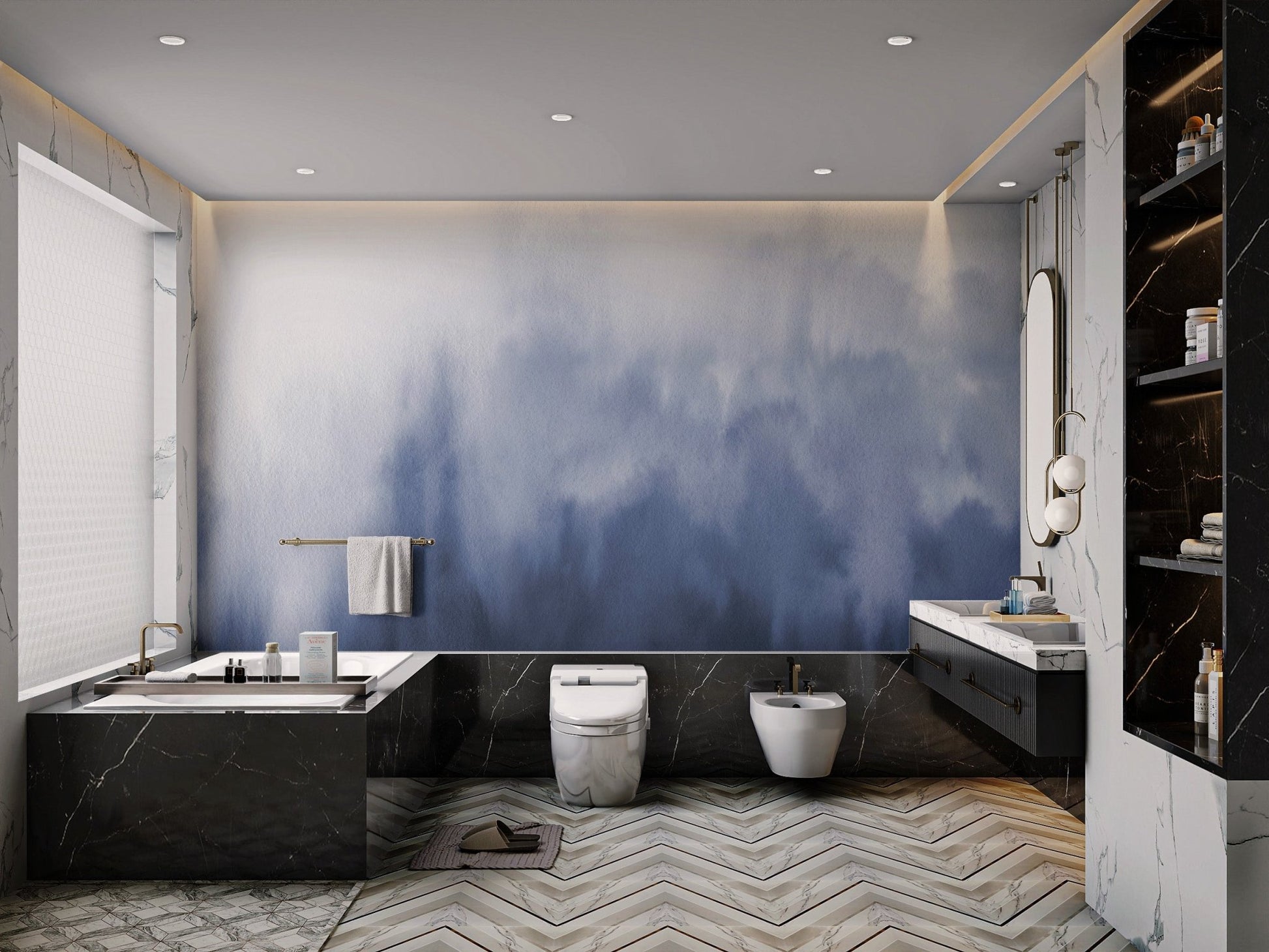 Navy blue watercolor wall mural with soft hues in bright bathroom.
