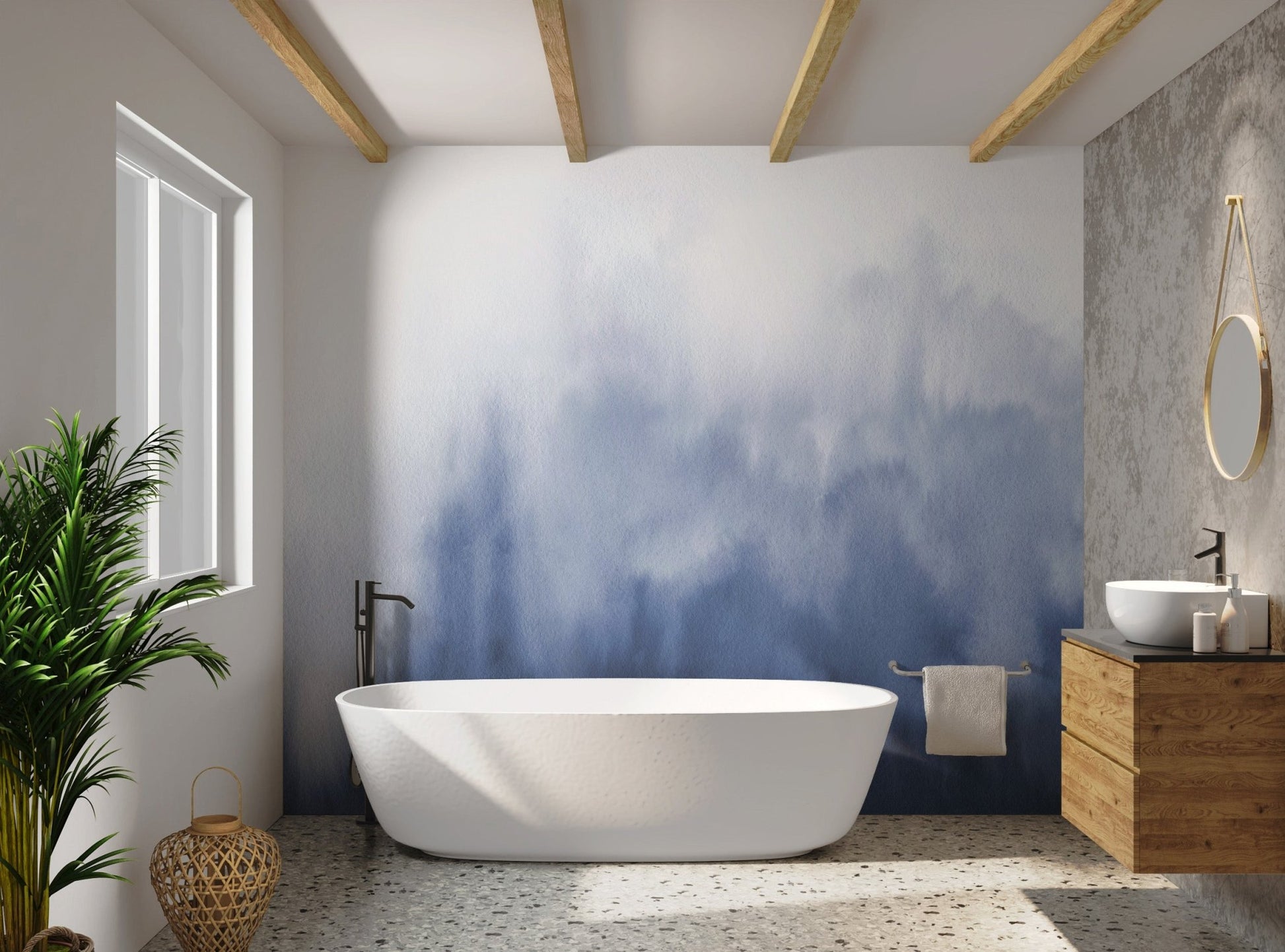 Abstract navy blue and white gradient wall mural in a washroom.