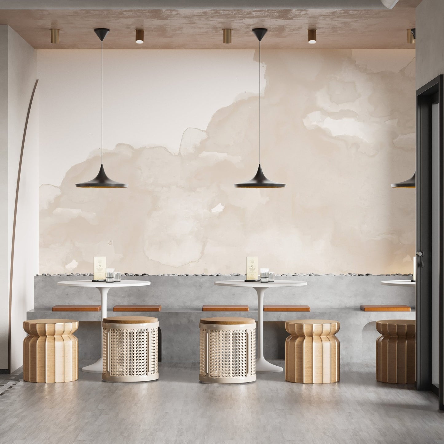 Neutral abstract watercolor wall mural with layered cream tones.