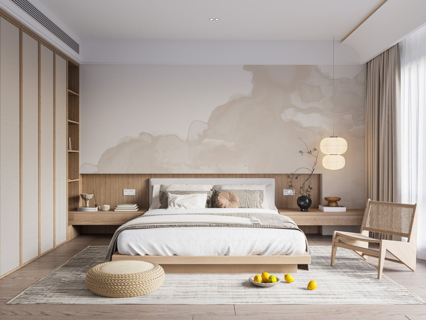 Modern neutral wash wall mural in soft cream color palette.