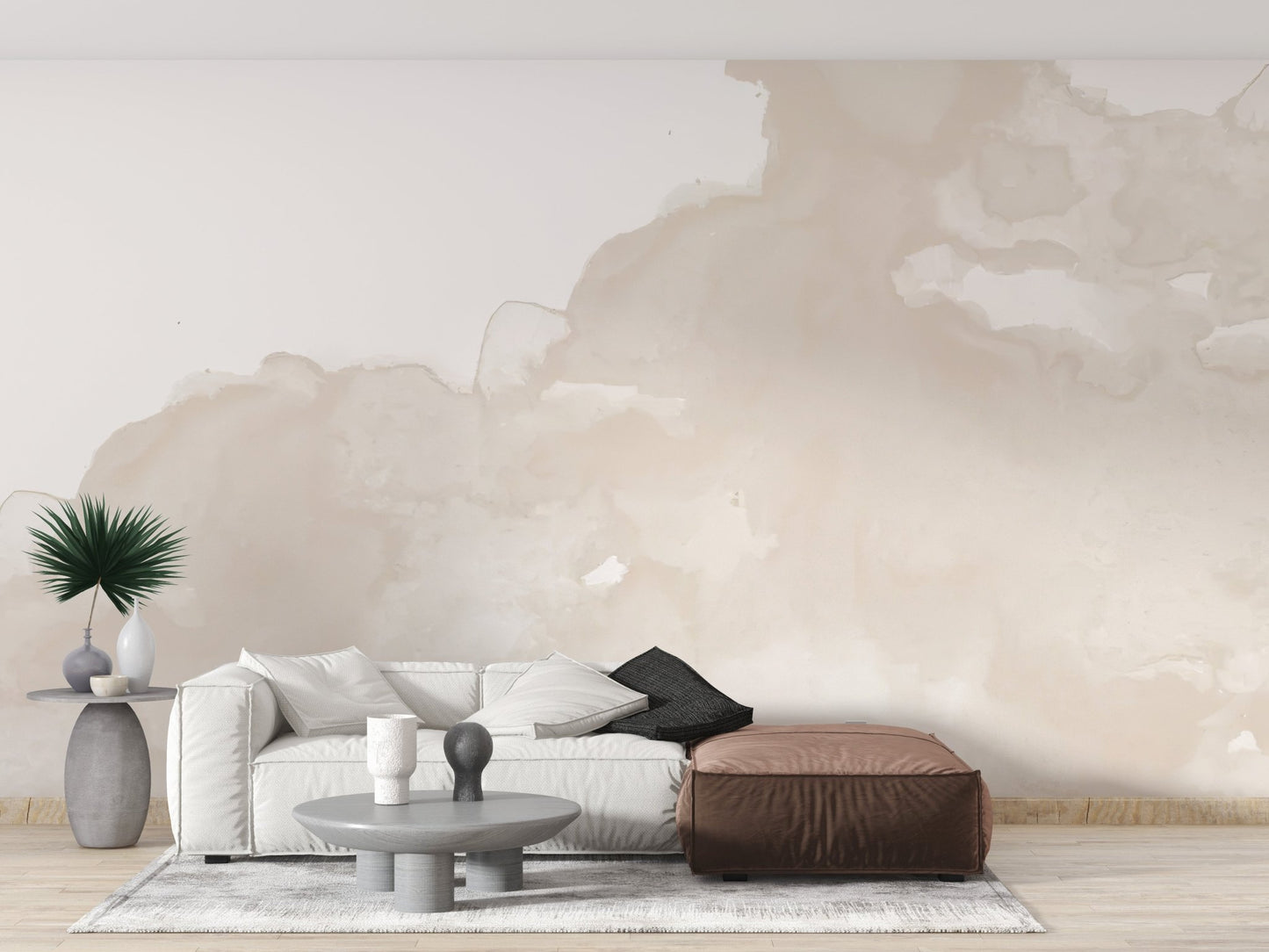 Calm beige abstract wallpaper wall mural with layered brush flow.