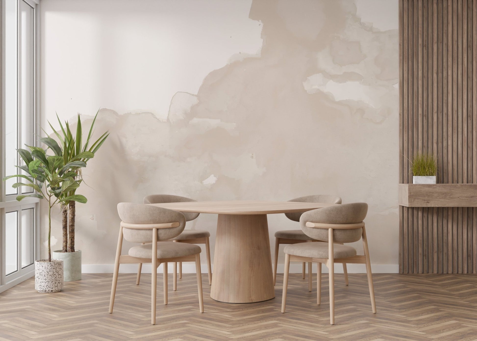 Soft beige wash abstract wallpaper wall mural for minimalist interiors.