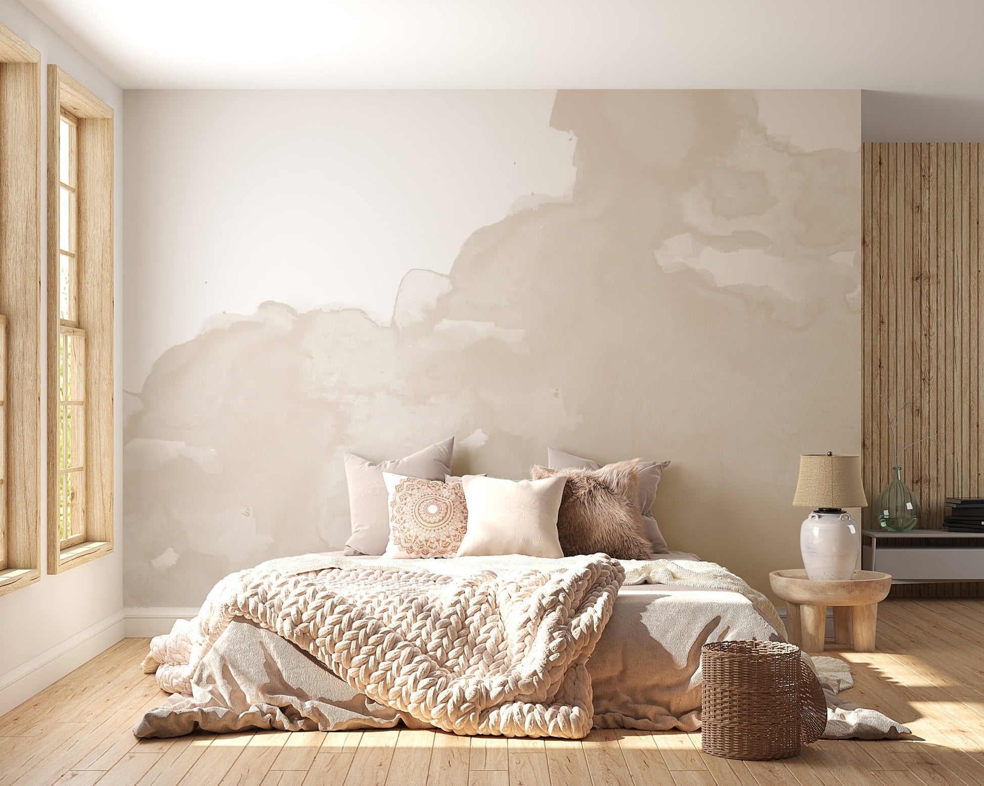 Neutral abstract watercolor wall mural in beige modern wallpaper design.