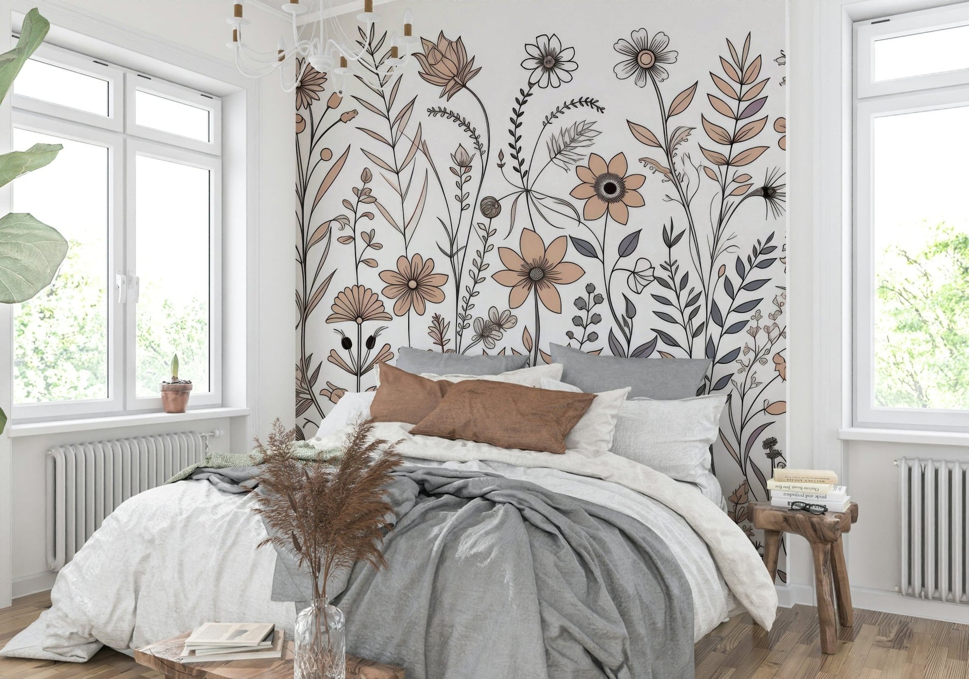 Neutral Flora Sketch Wall Mural - Wallanza