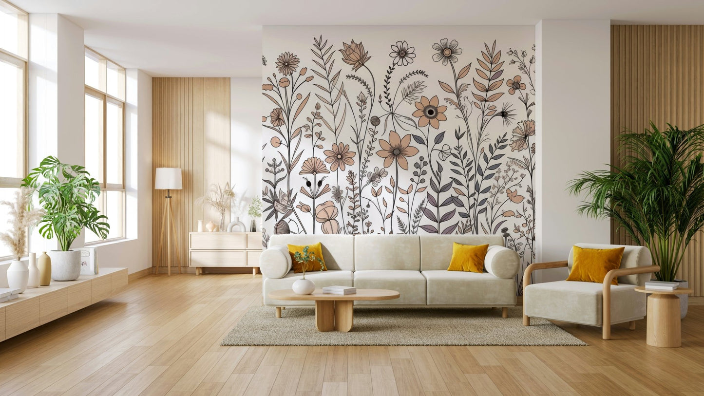Neutral Flora Sketch Wall Mural - Wallanza
