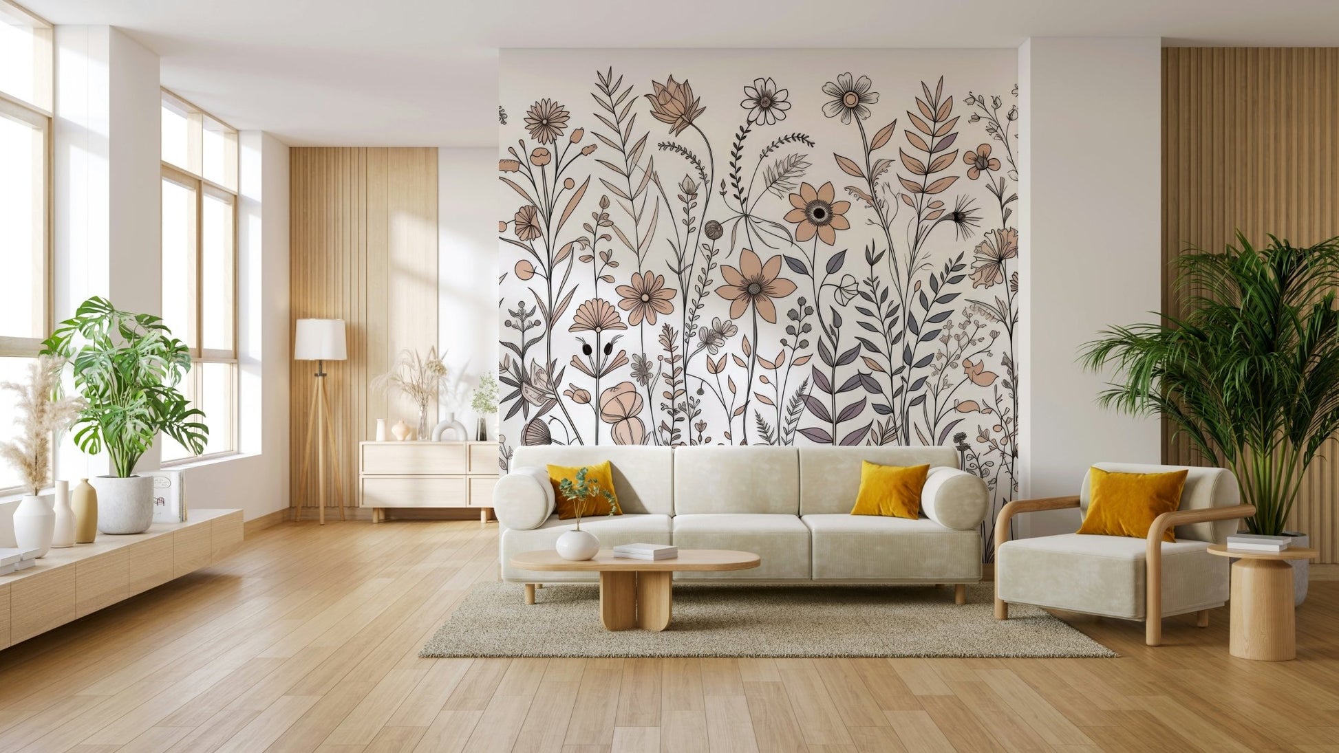 Neutral Flora Sketch Wall Mural - Wallanza