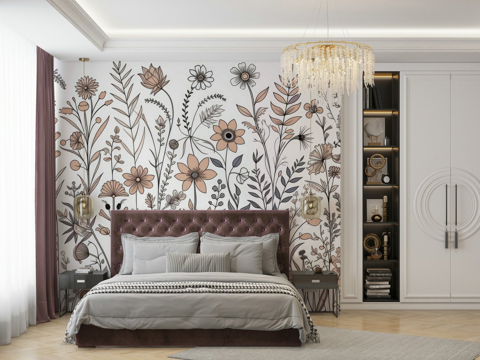Neutral Flora Sketch Wall Mural - Wallanza