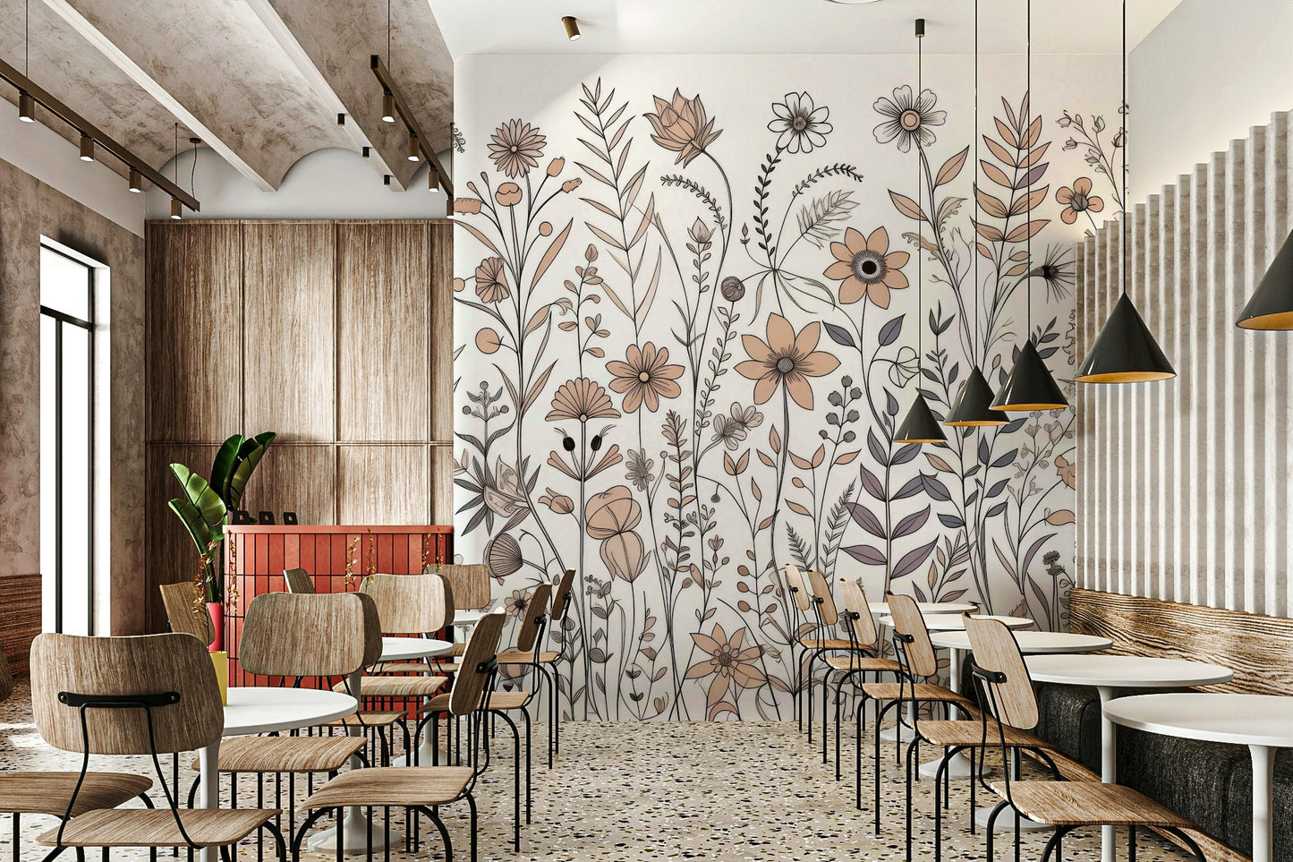 Neutral Flora Sketch Wall Mural - Wallanza