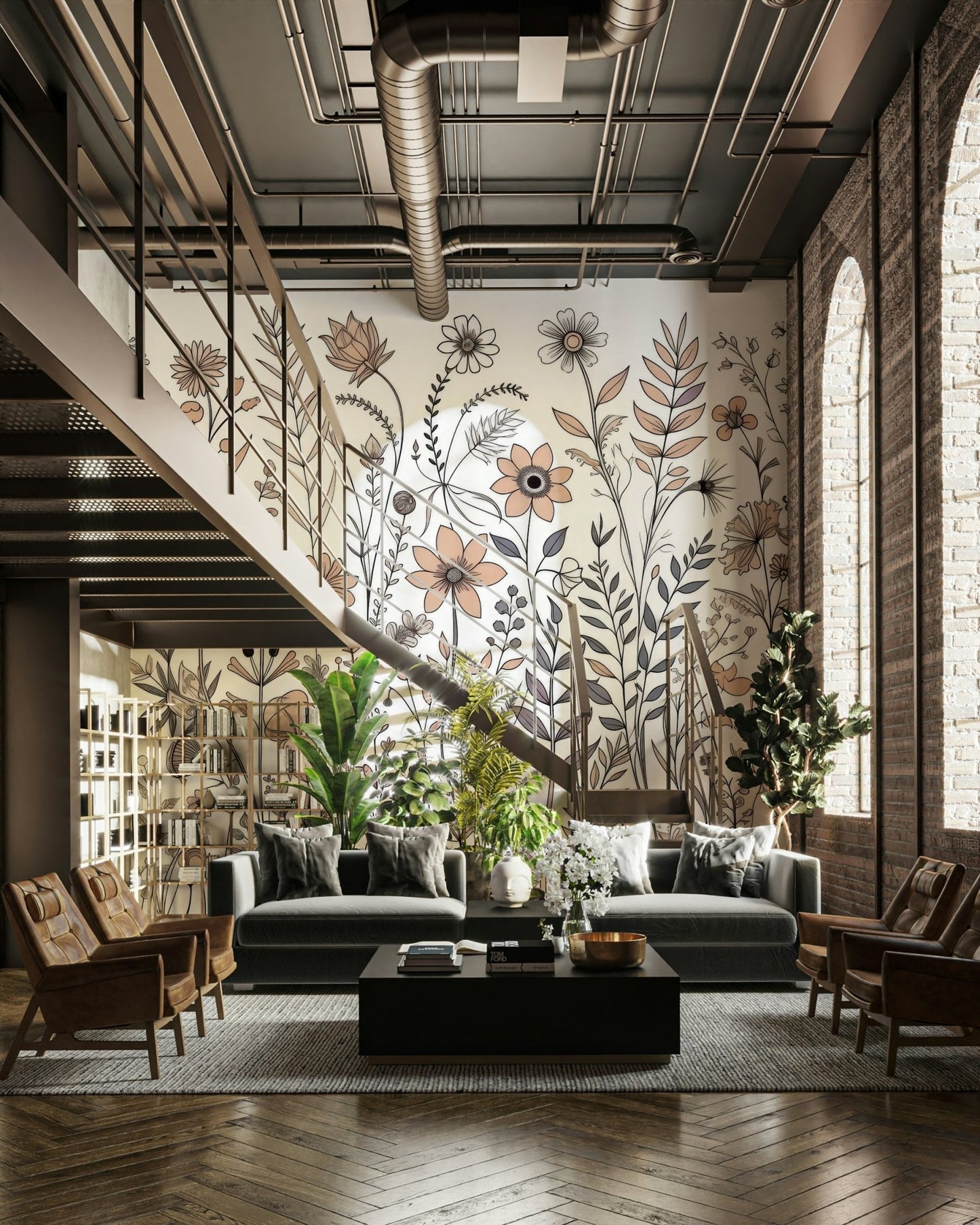 Neutral Flora Sketch Wall Mural - Wallanza