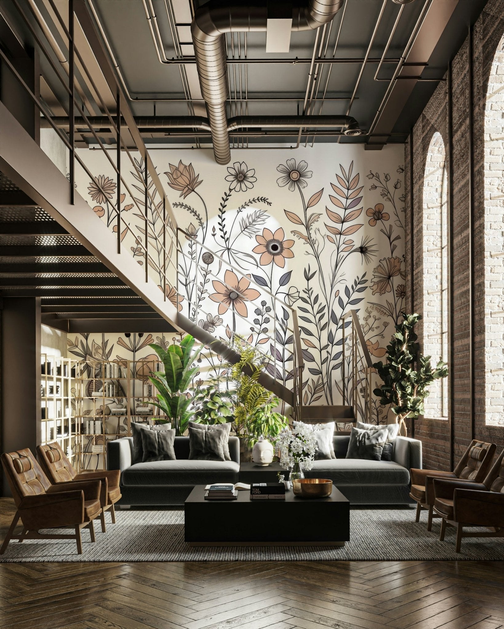 Neutral Flora Sketch Wall Mural - Wallanza