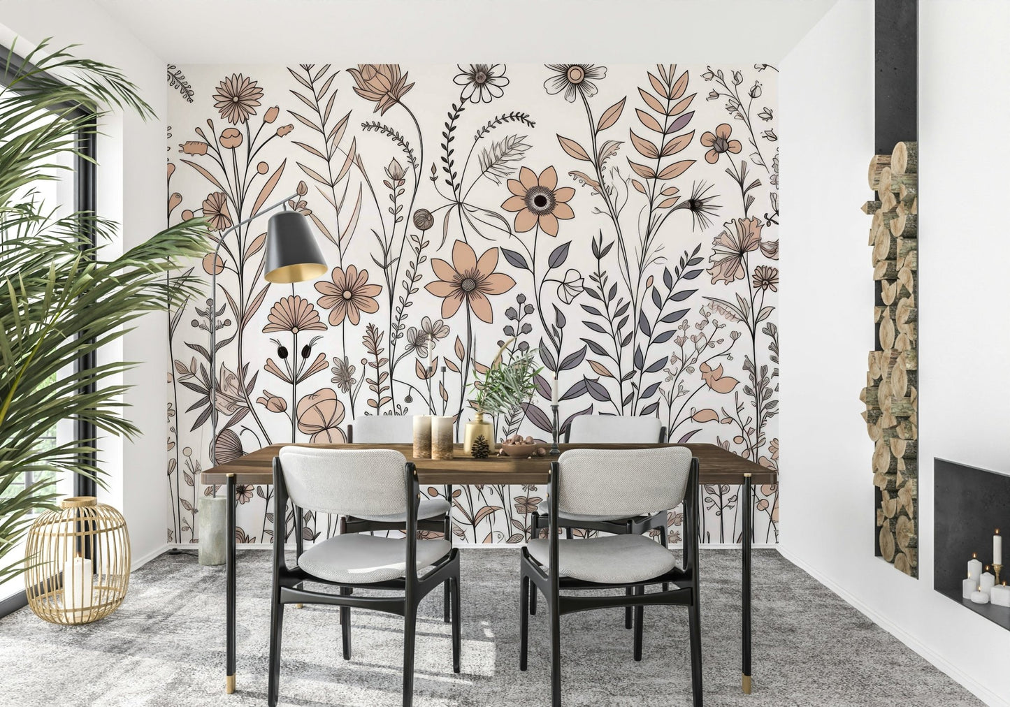 Neutral Flora Sketch Wall Mural - Wallanza