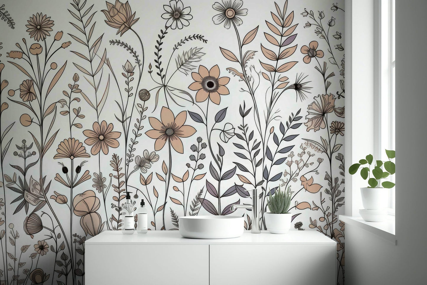 Neutral Flora Sketch Wall Mural - Wallanza