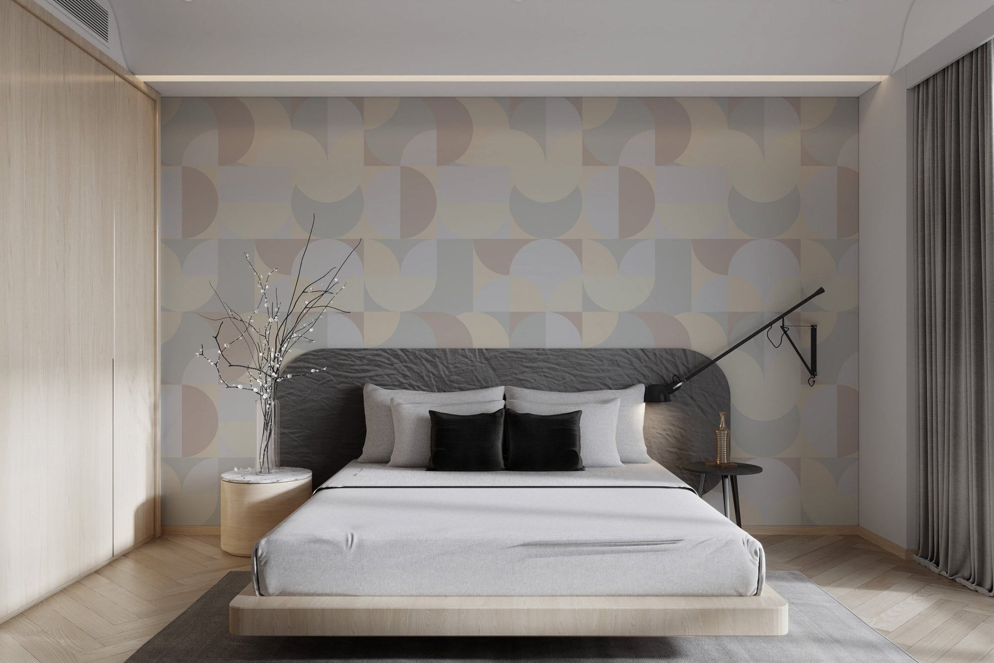 Neutral geometric abstract wallpaper with cream and grey circular motifs for a modern feel.