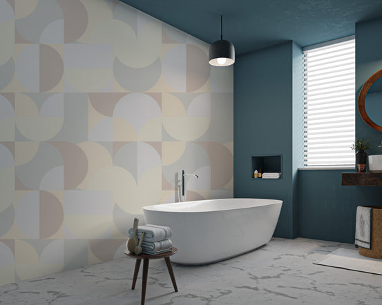 Geometric wallpaper with a structured yet fluid design of interlocking curved elements.