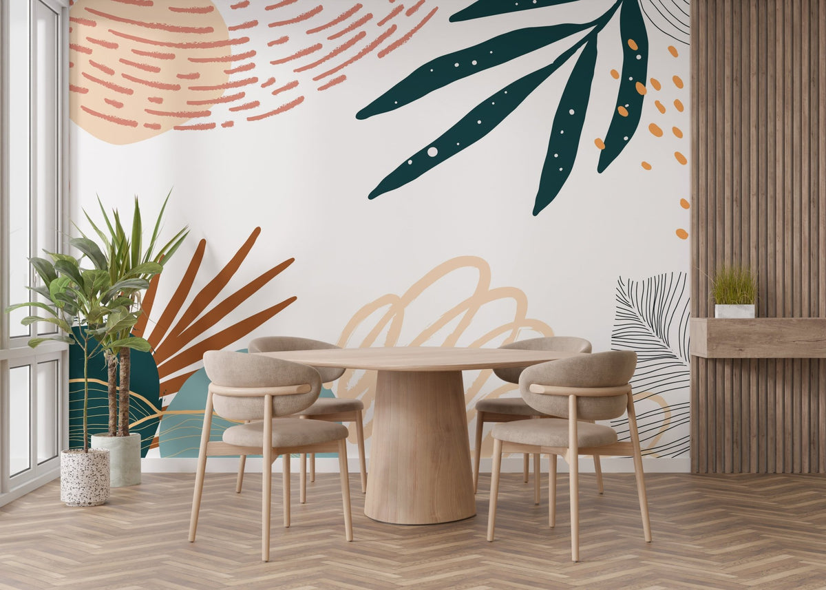 Neutral Tones Botanical Wall Mural in a minimalist dining area with wooden furniture.