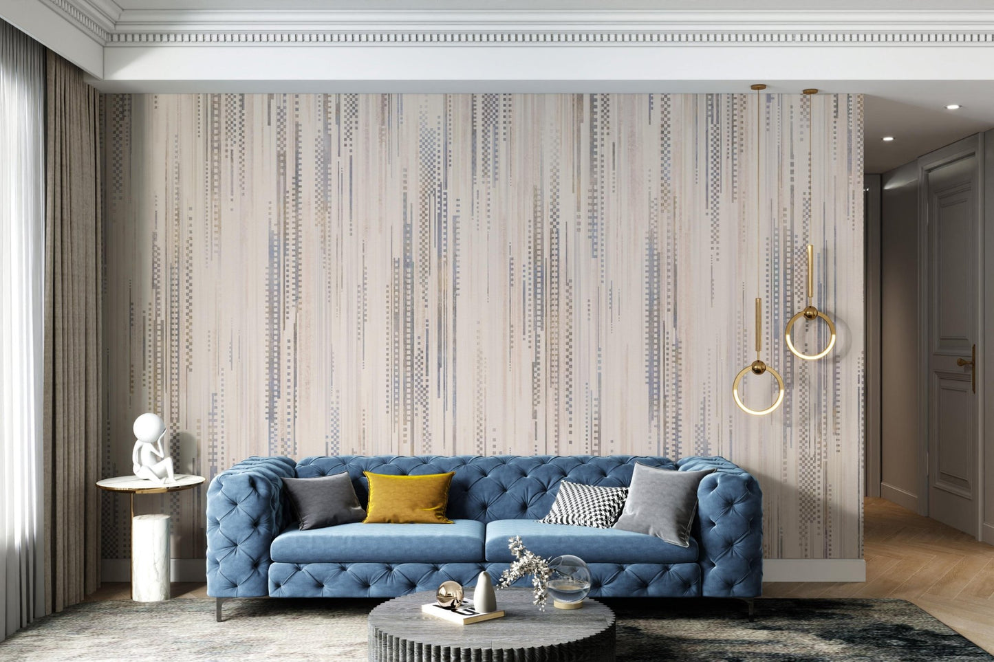 Vertical stripe wall mural with neutral tones for living room.