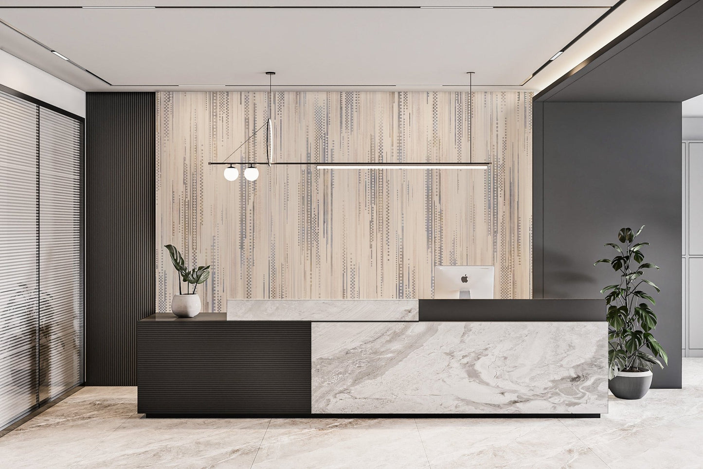 Neutral vertical line pattern wall mural with checkered details in office.
