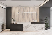 Neutral vertical line pattern wall mural with checkered details in office.