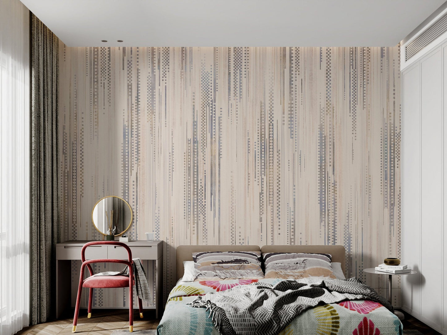 Cream wall mural with blue and brown textured vertical stripes in kids bedroom