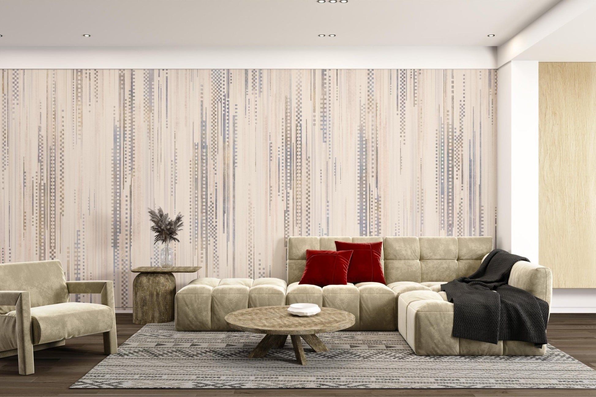 Abstract vertical line wall mural in cream grey and blue shades.
