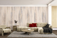 Abstract vertical line wall mural in cream grey and blue shades.