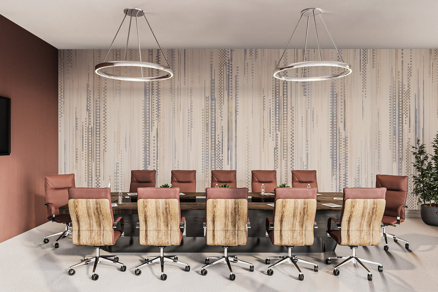 Textured vertical line mural featuring blue and grey accents in office.