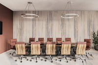 Textured vertical line mural featuring blue and grey accents in office.