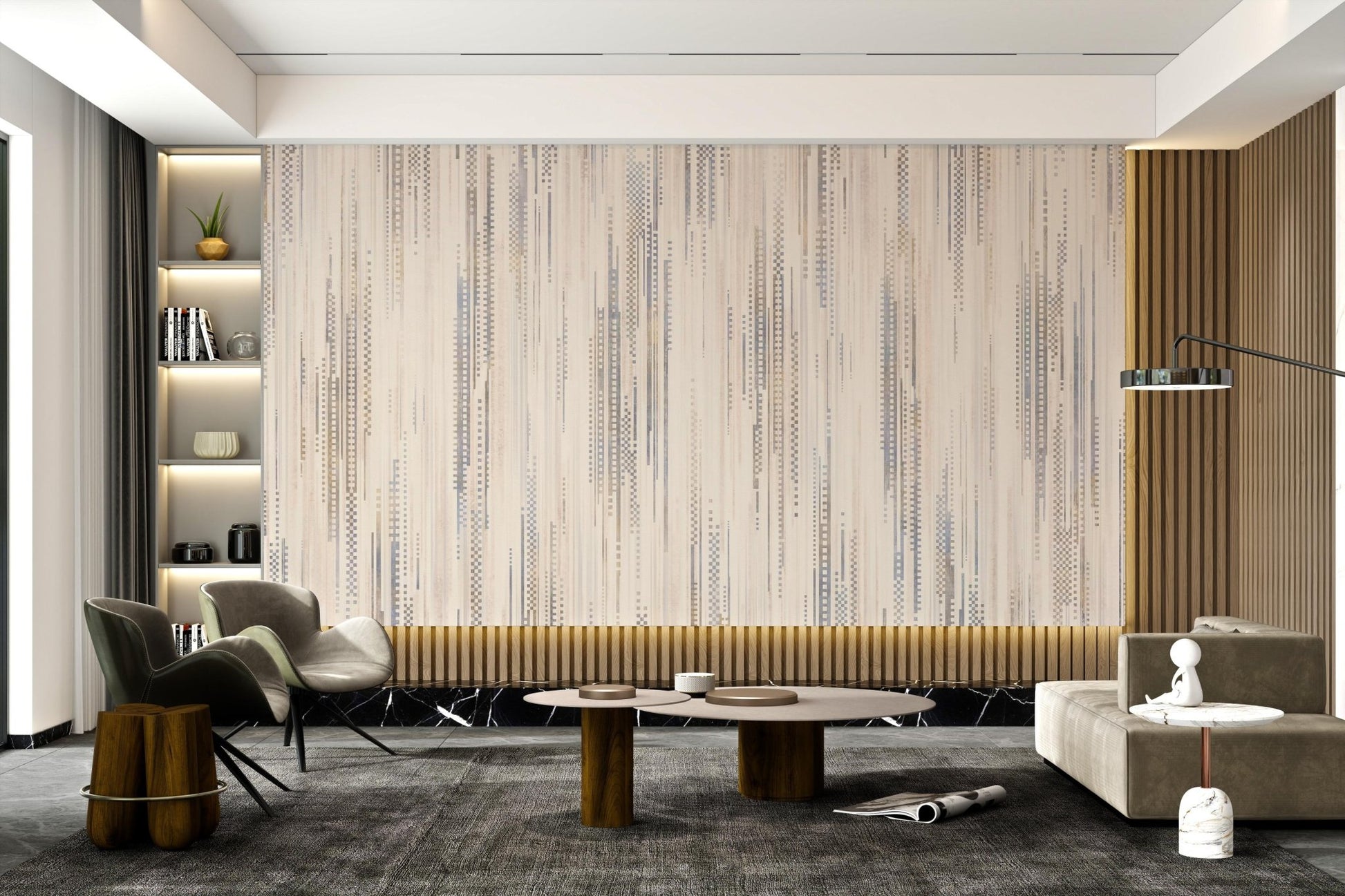 Neutral vertical line pattern wall mural in beige and grey.