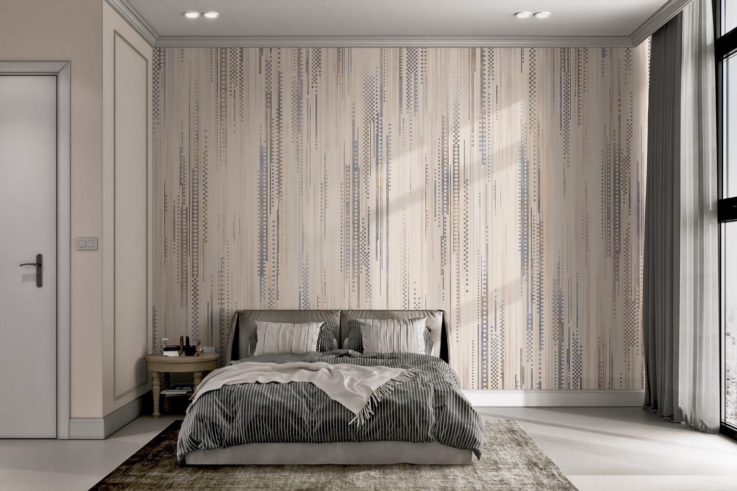 Vertical line pattern wall mural with muted blue and brown tones.