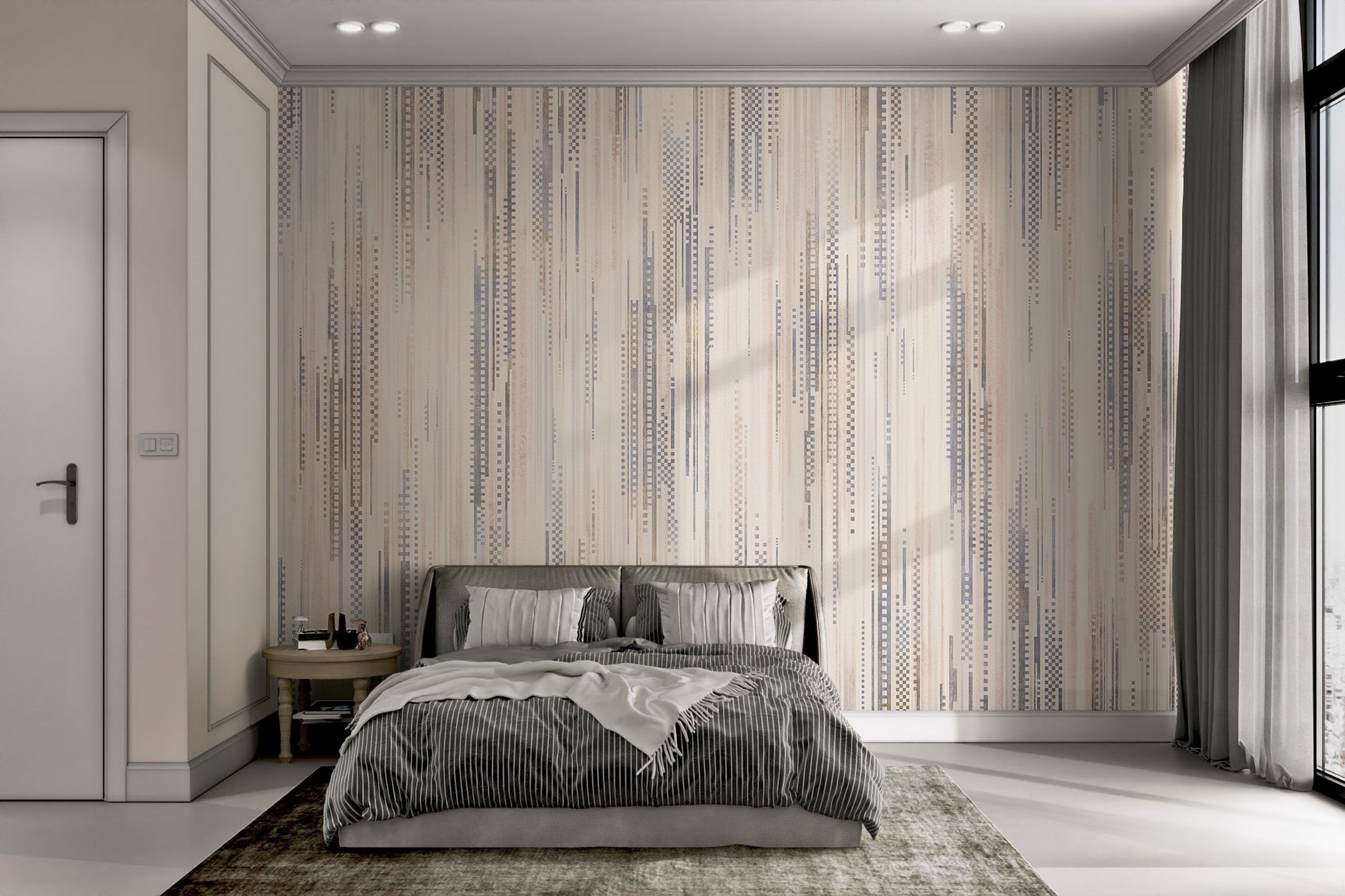 Vertical line pattern wall mural with muted blue and brown tones.