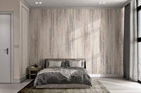Vertical line pattern wall mural with muted blue and brown tones.