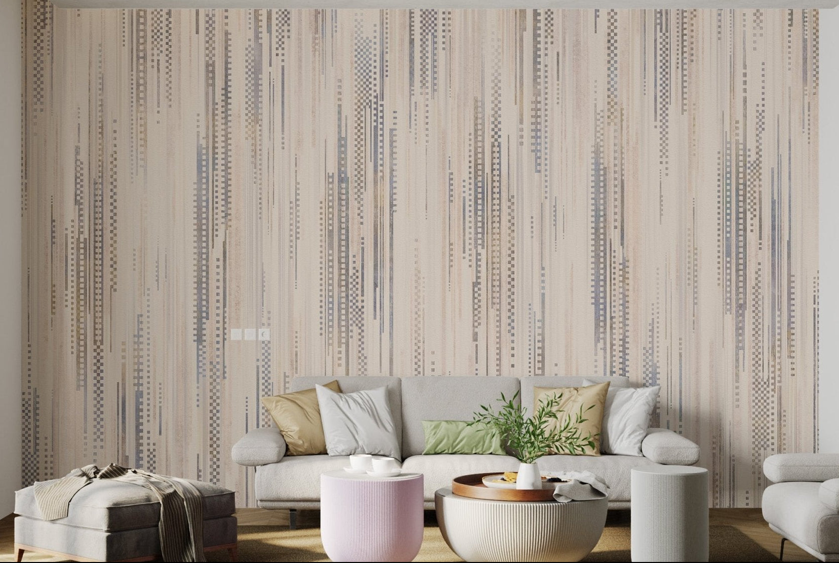Modern neutral wall mural with grey vertical lines and textures.