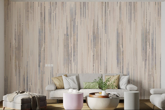 Modern neutral wall mural with grey vertical lines and textures.