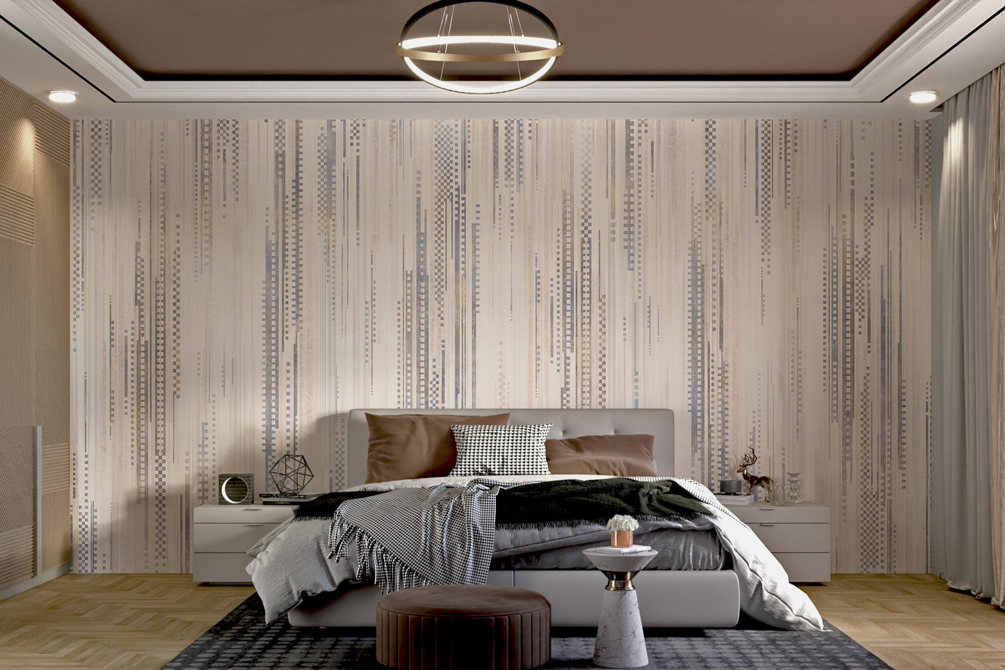 Beige wall mural with thin vertical stripes for modern bedroom.
