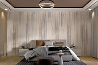 Beige wall mural with thin vertical stripes for modern bedroom.