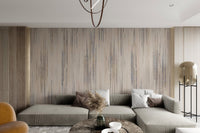 Minimalist wall mural featuring neutral cream and grey patterns for living area.